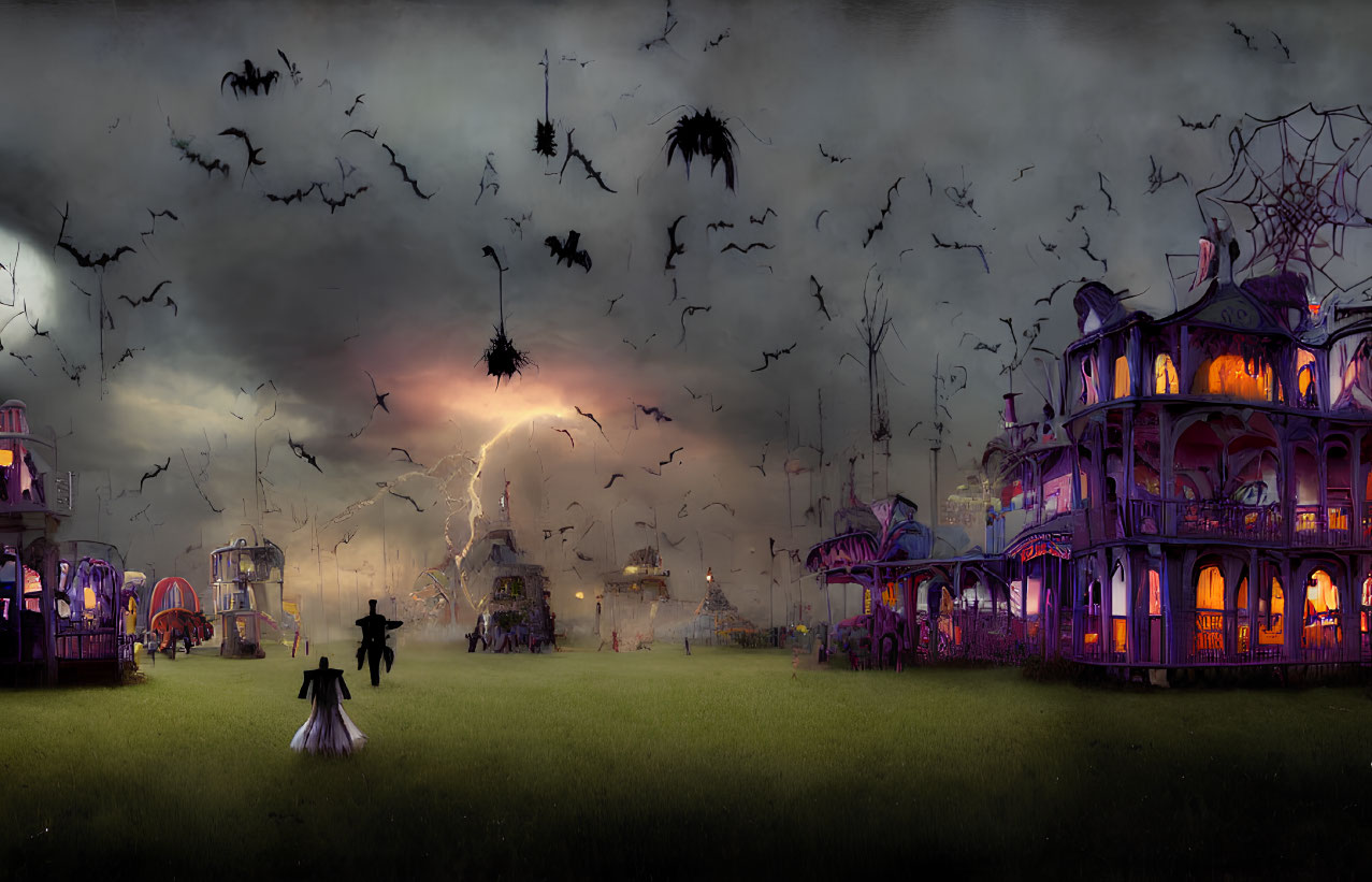 Gothic scene with silhouetted figures, haunted houses, bats, and lightning