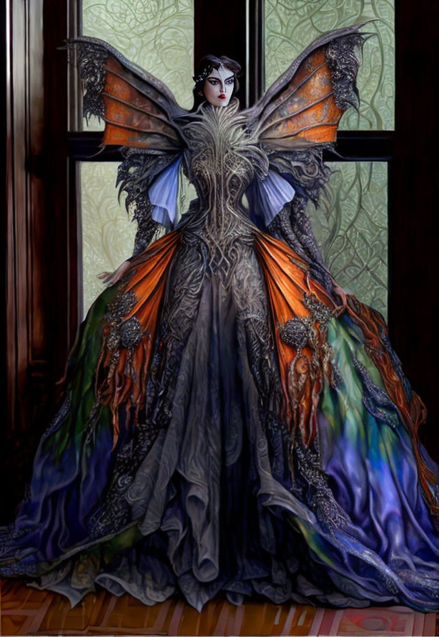 Colorful Fantasy Costume with Butterfly Wings and Flowing Gown