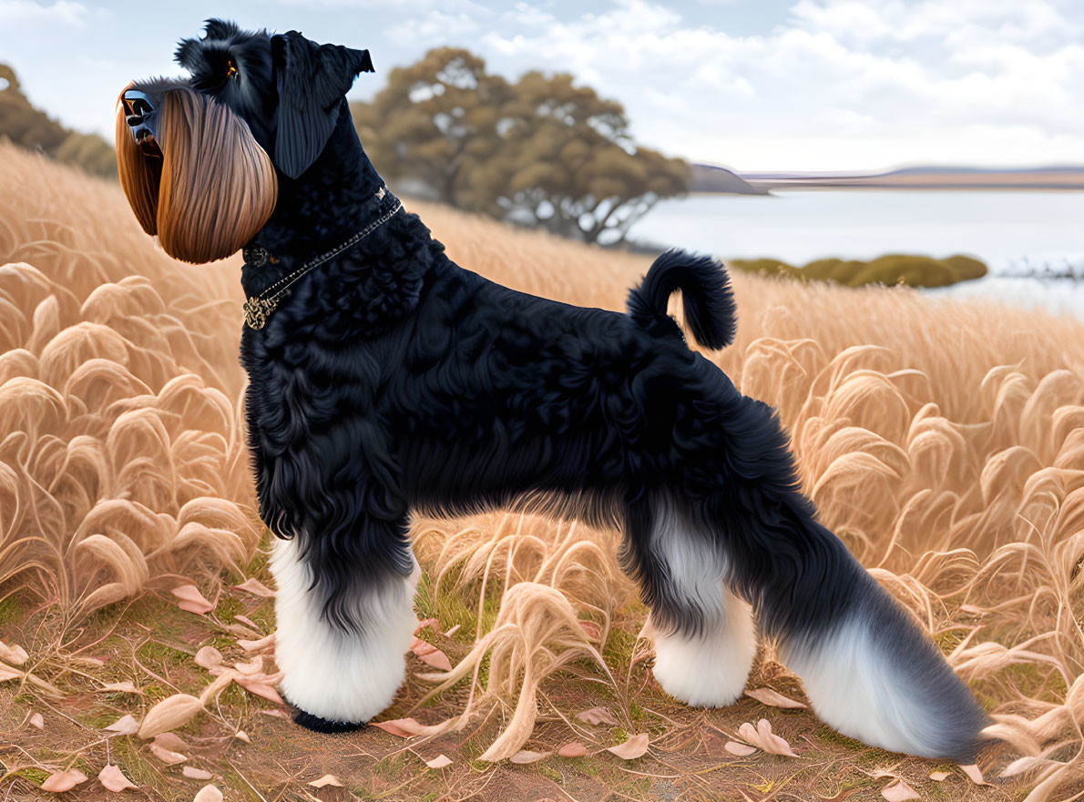 Black and Brown Tibetan Terrier in Field with Serene Landscape