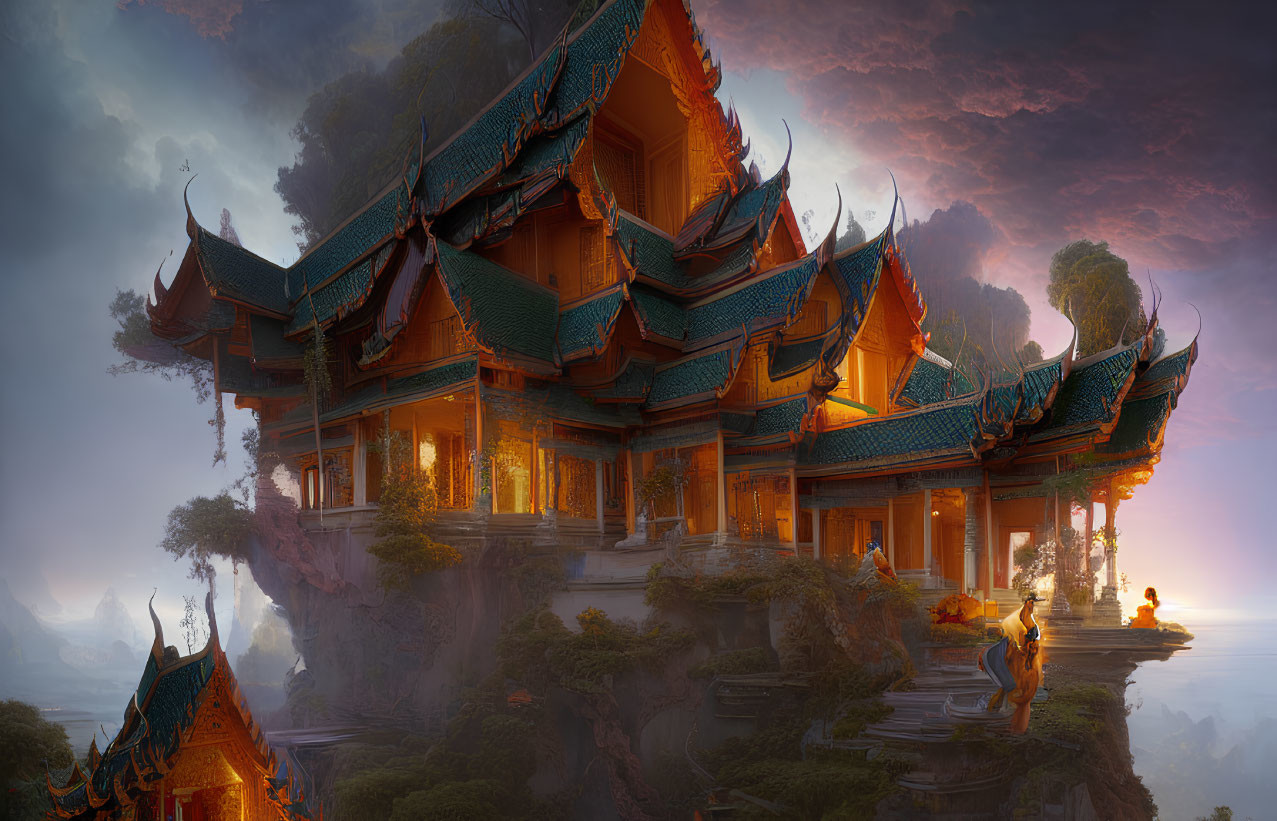 Fantasy temple on cliff with ornate roofs in lush forest sunset.