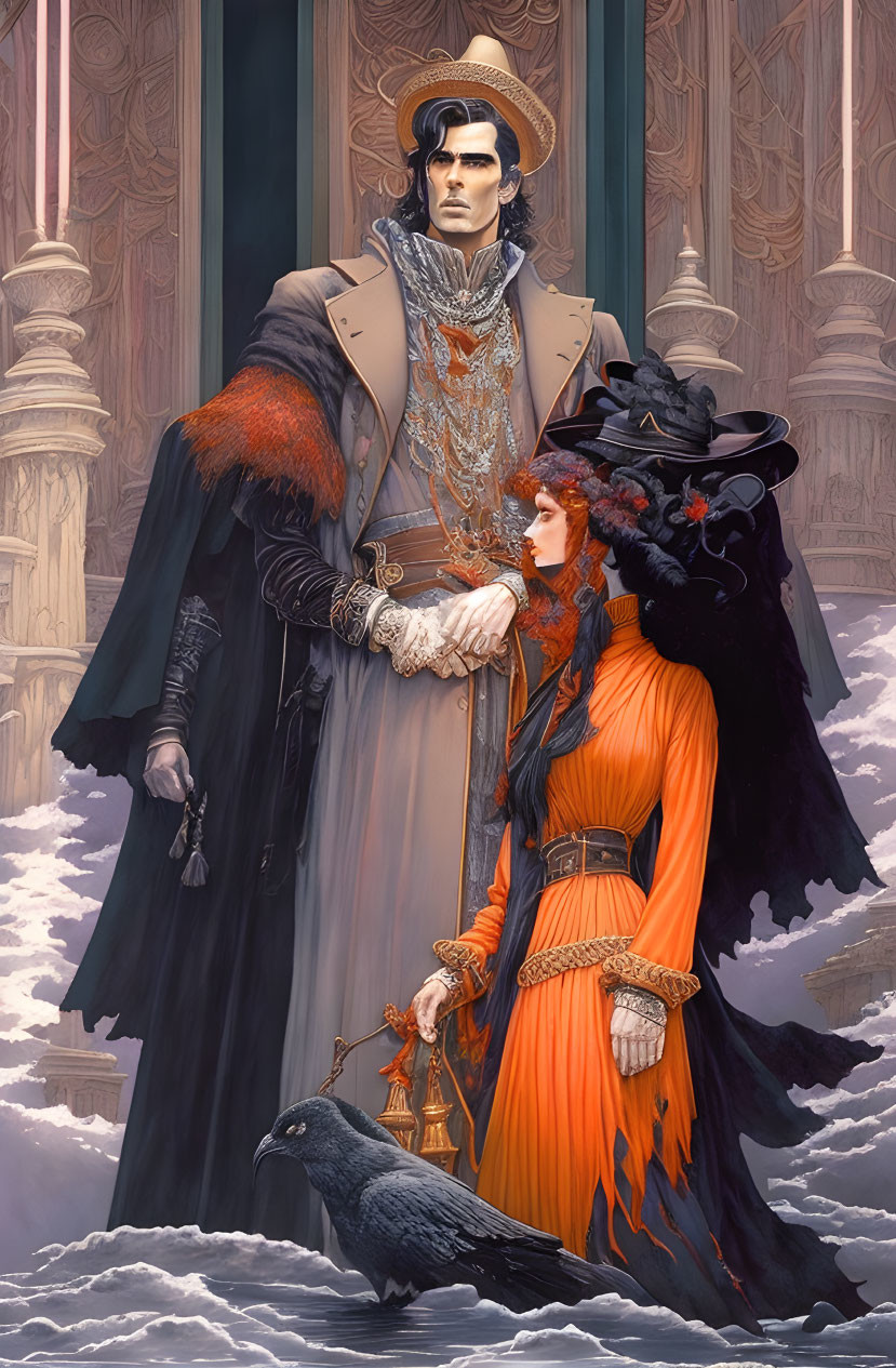 Vintage attired couple amidst ornate architecture with raven and intricate patterns