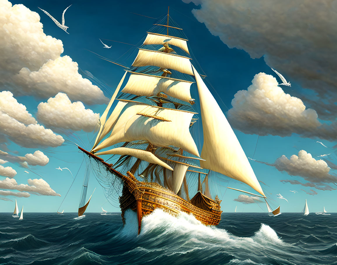 Sailing ship with full sails on turbulent seas, seagulls, sailboats, clouds, and