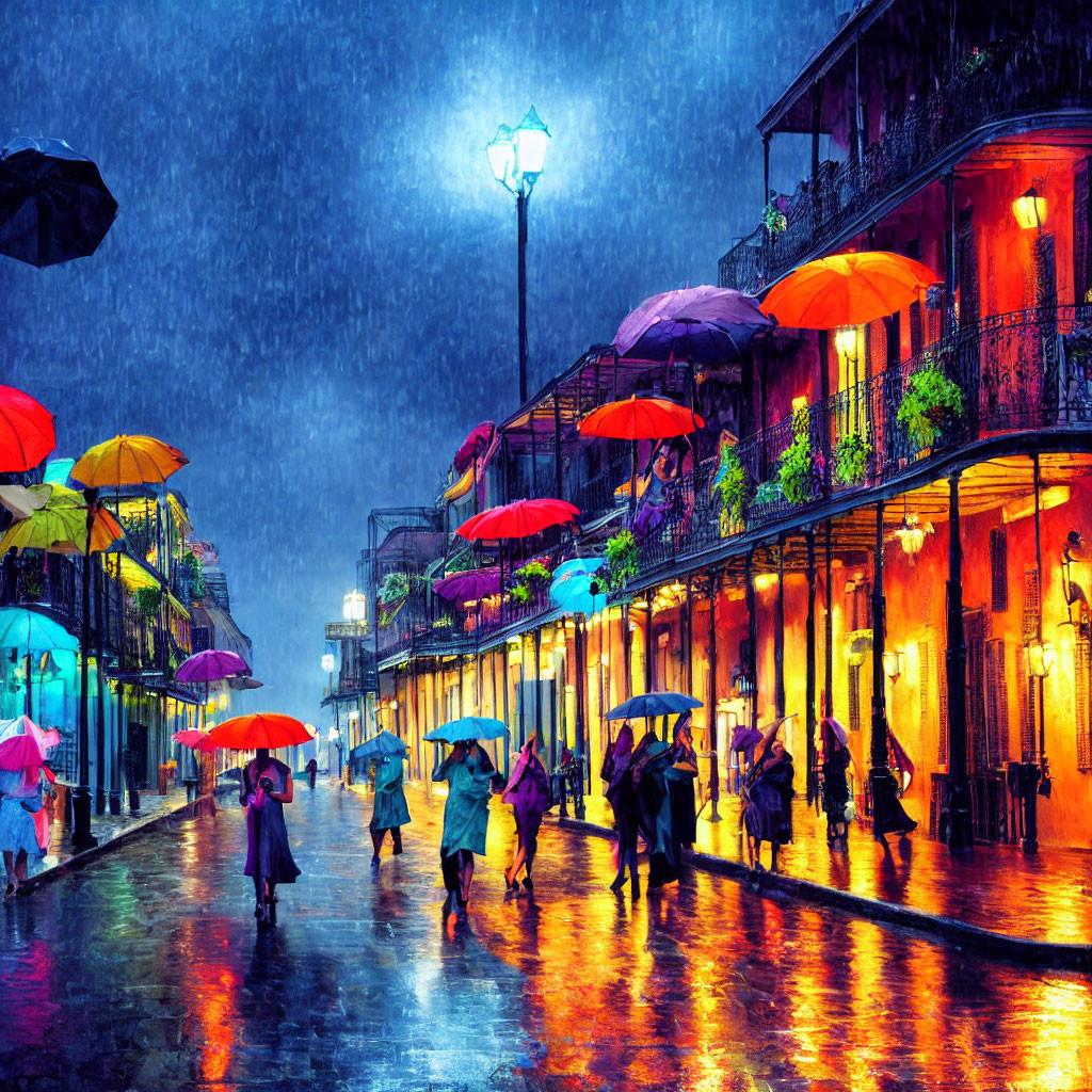 Colorful umbrellas in rainy urban scene with historic buildings and pedestrians.