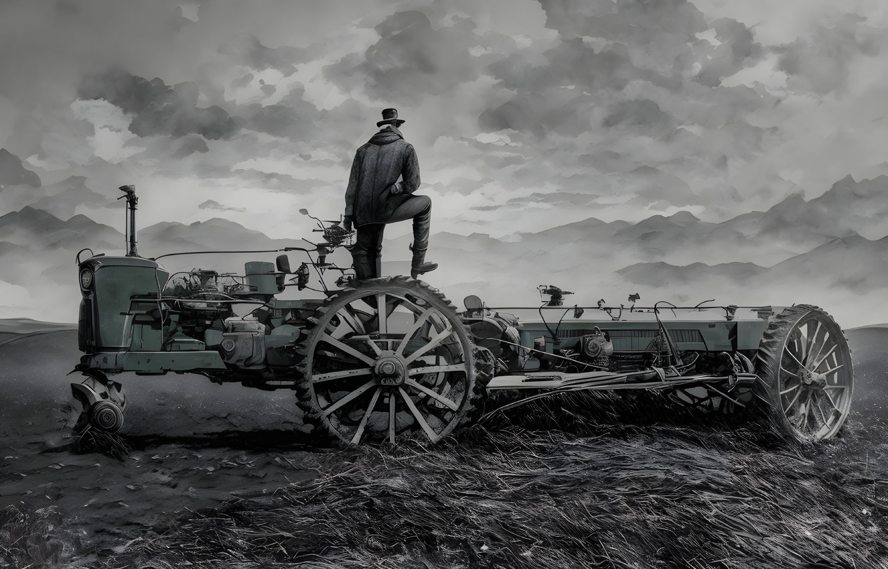 Monochrome image of person on tractor in field with mountains