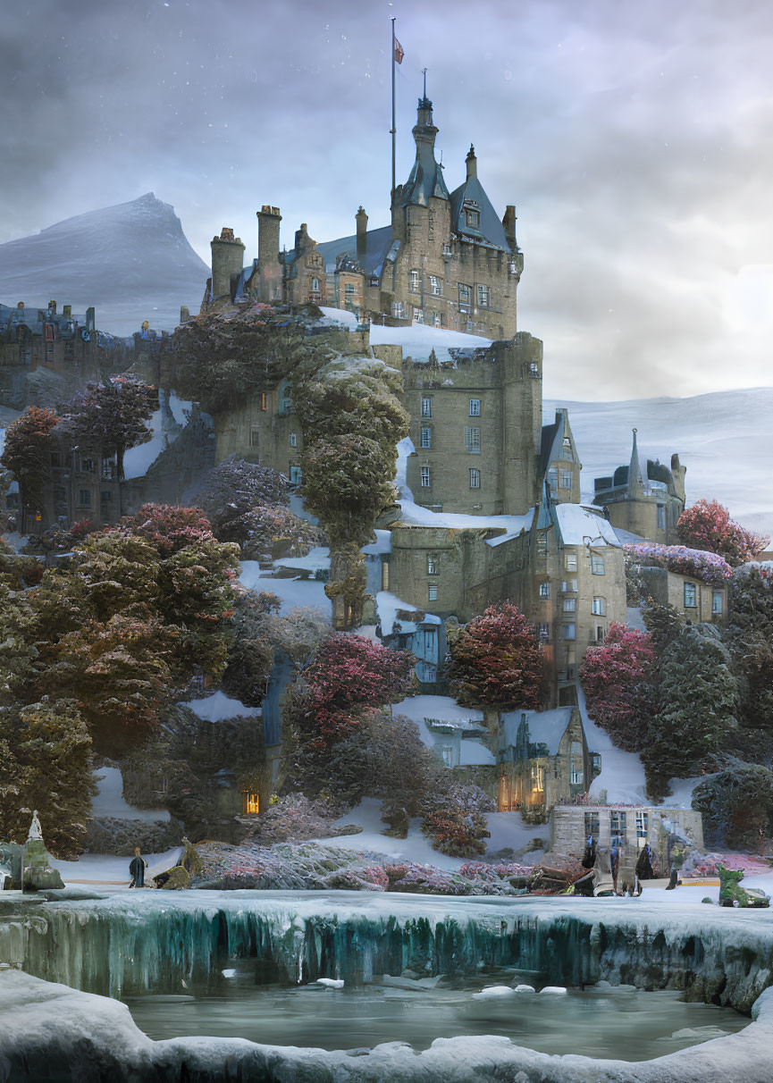 Snowy hill castle with autumn trees, frozen waterfall, and twilight sky