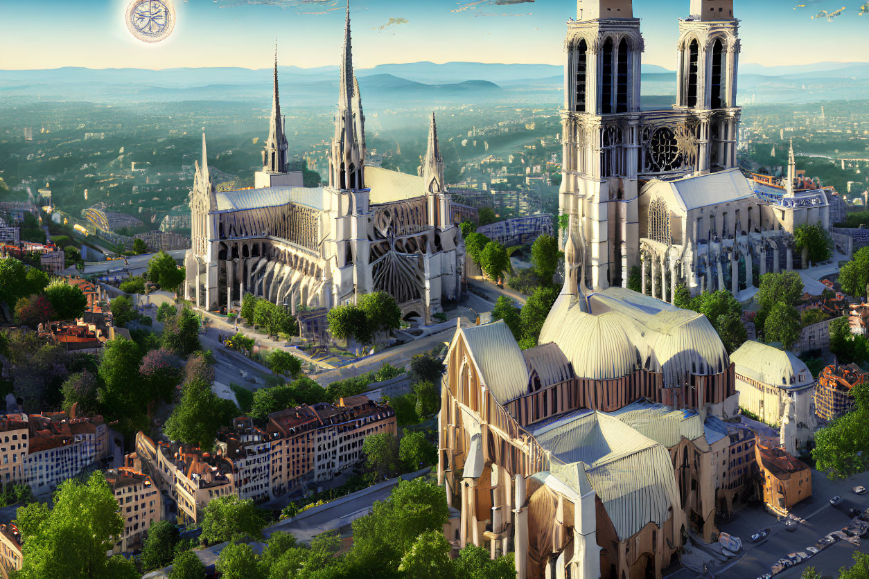 Grand cathedral with double spires and intricate architecture in aerial view