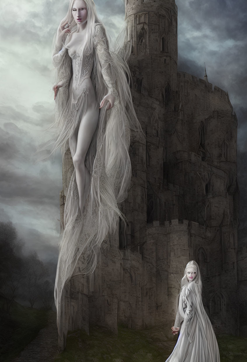 Long white hair woman floating over ancient castle in spectral form against brooding sky