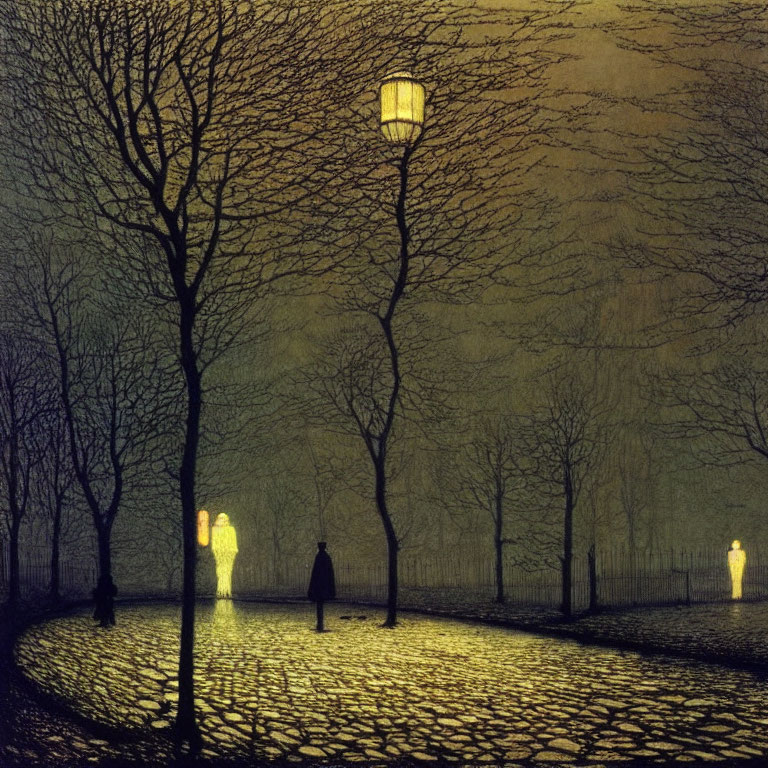 Vintage-style illustration of dimly lit park at dusk with bare trees and cobblestone path