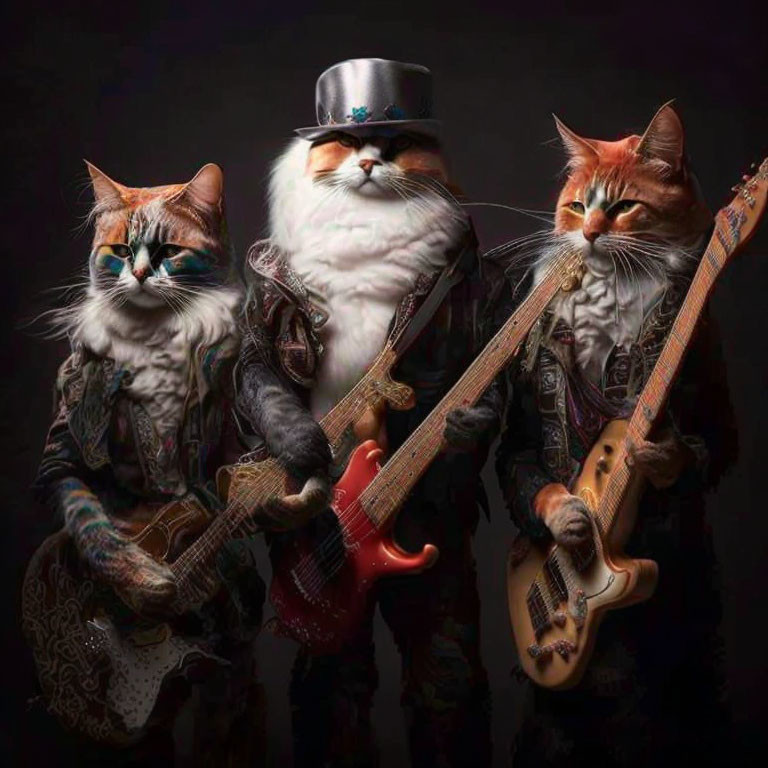 Three cats in musician attire with guitars on dark background