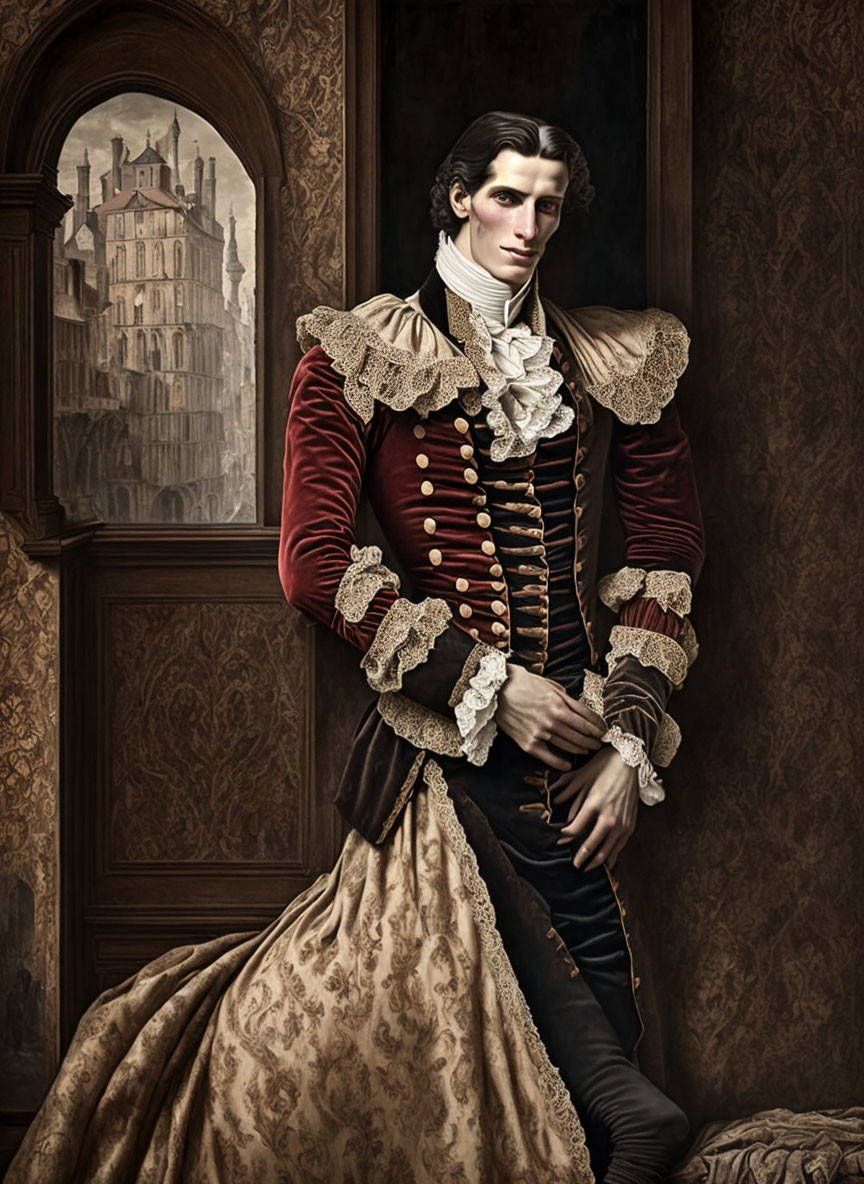 Historical portrait of a man in red coat and jabot by window