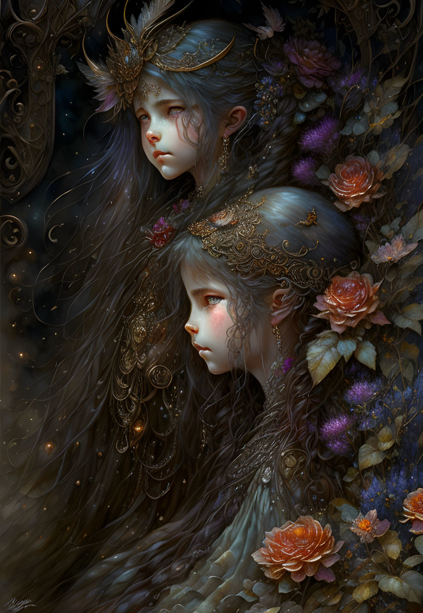 Ethereal figures with intricate crowns in mystical setting