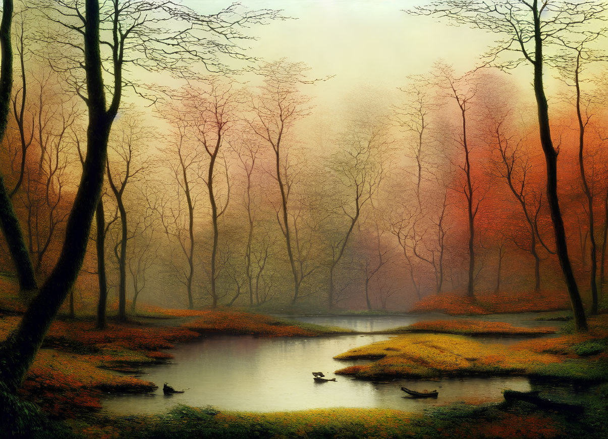 Tranquil autumn pond with ducks, misty trees