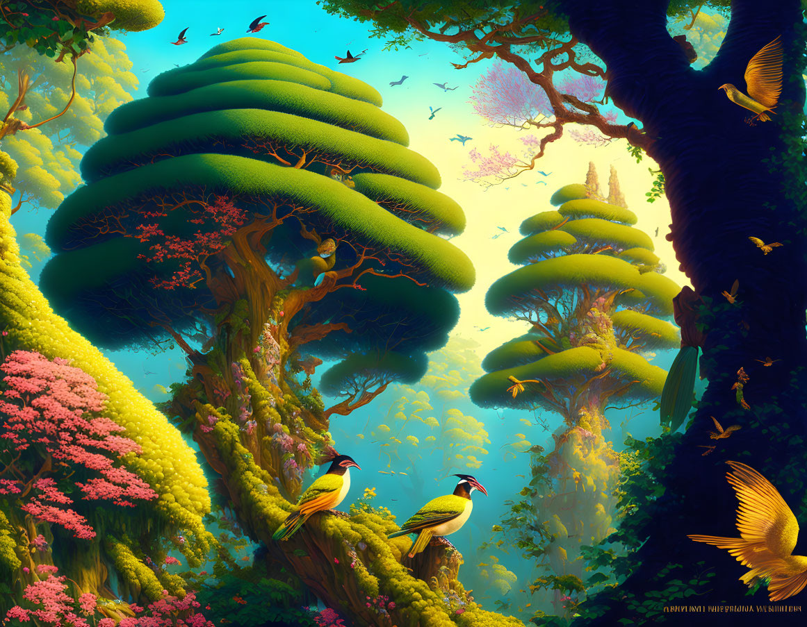 Fantastical forest with oversized mushroom-shaped trees and pink foliage