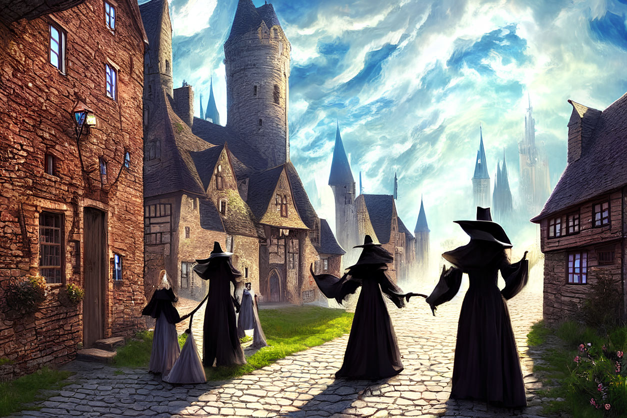 Medieval fantasy town: Cloaked figures on cobblestone street