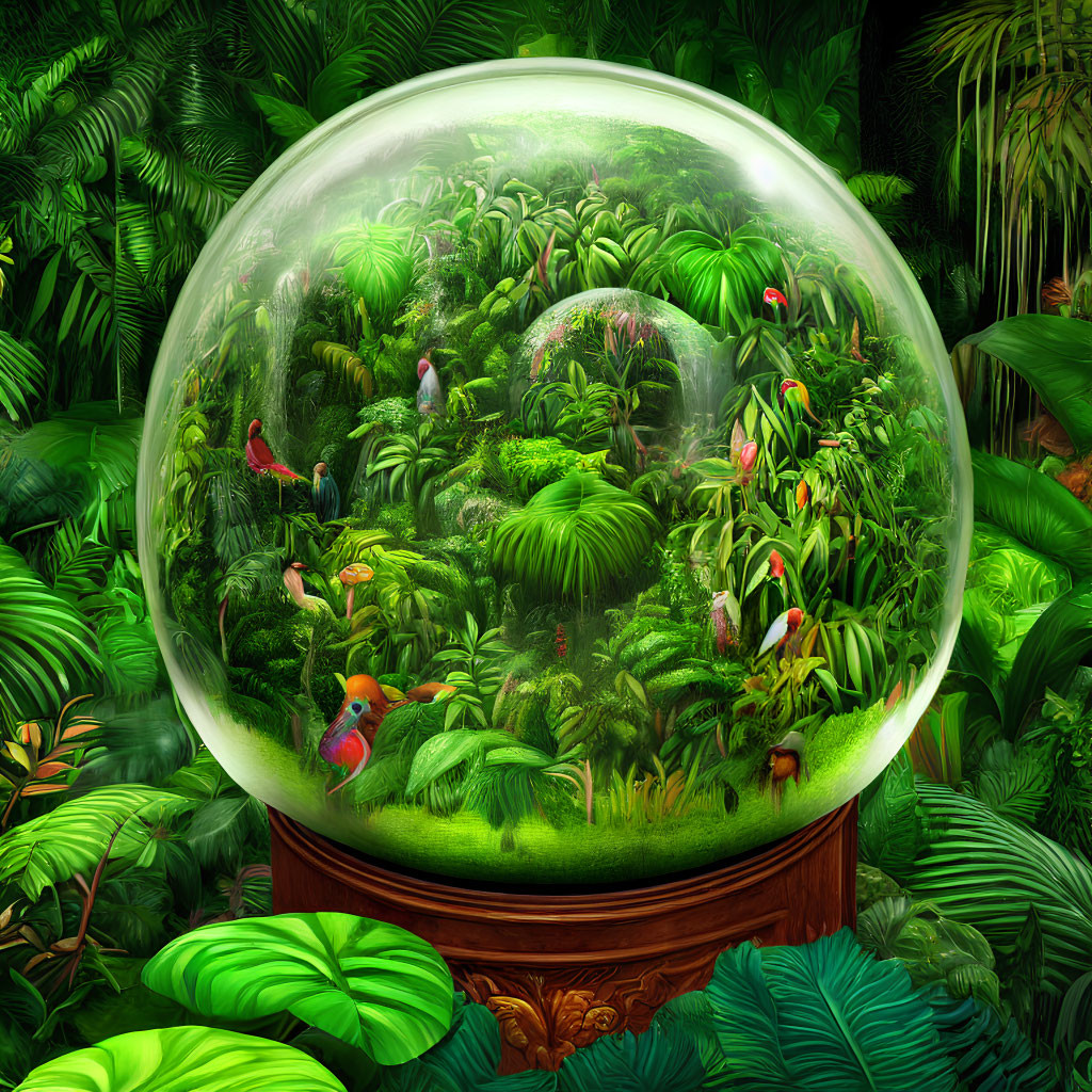 Colorful birds in lush green terrarium forest