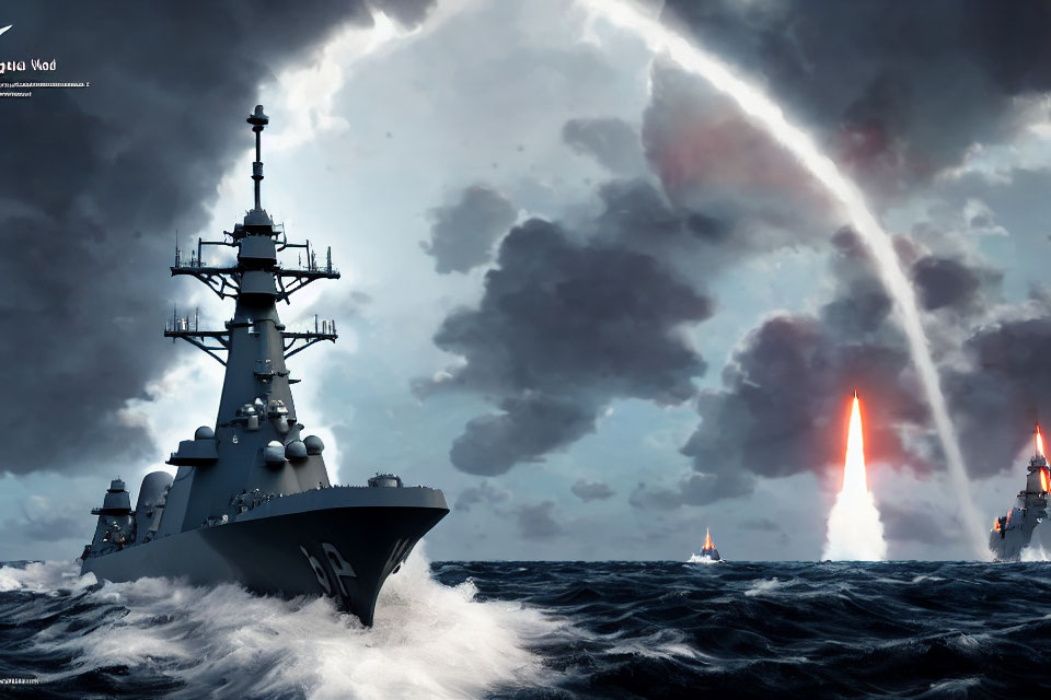 Military warship in stormy sea with distant explosion and fiery trails.