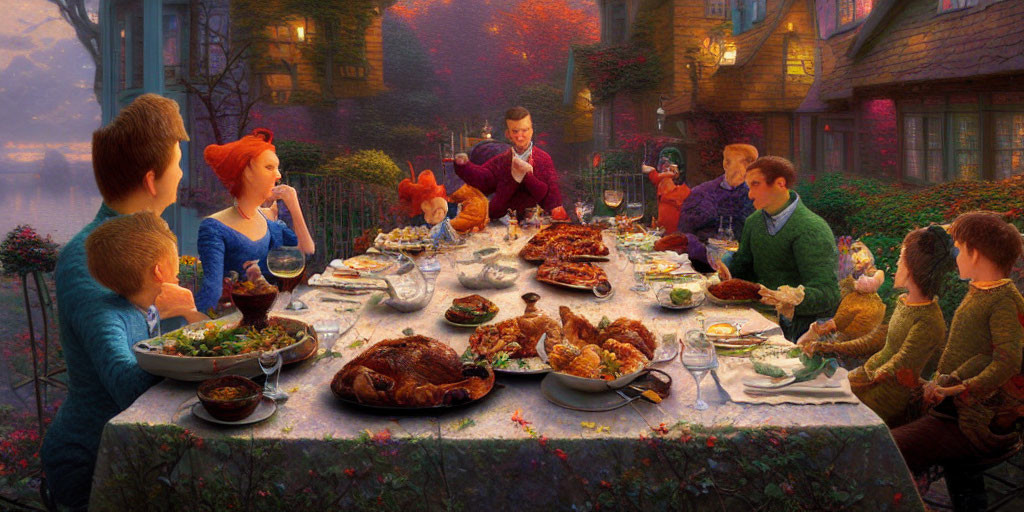 Colorful animated family meal scene with cozy backdrop