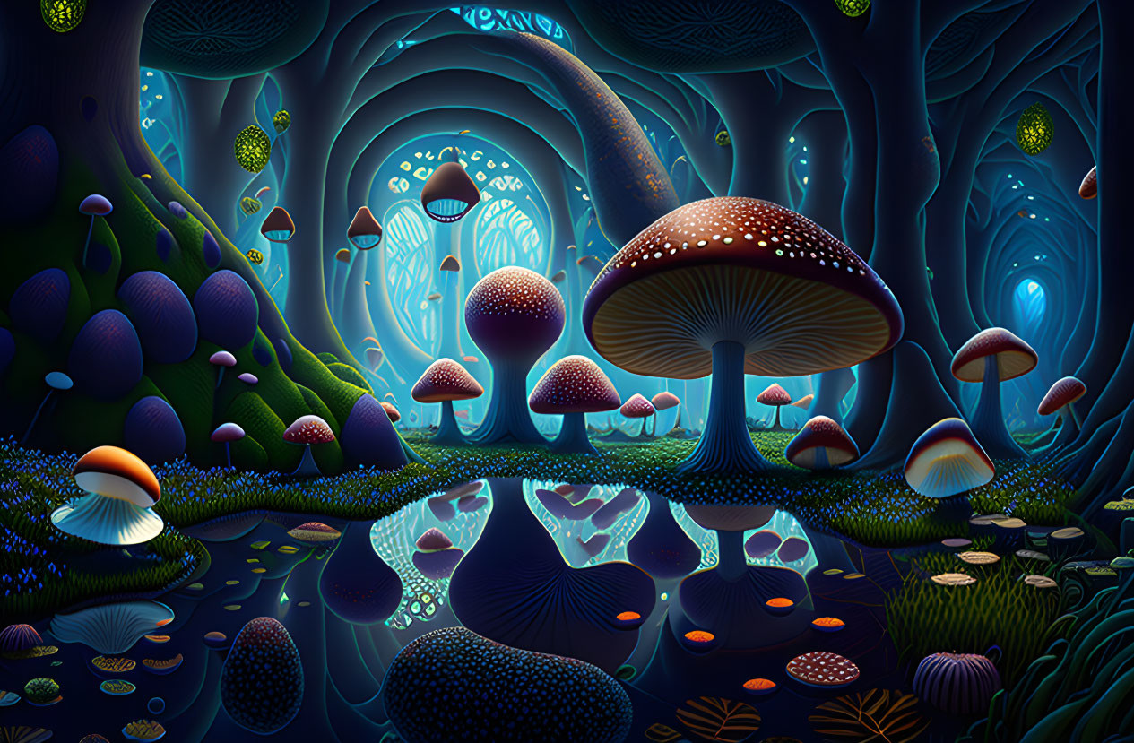 Enchanted mushroom forest with reflective water under night sky