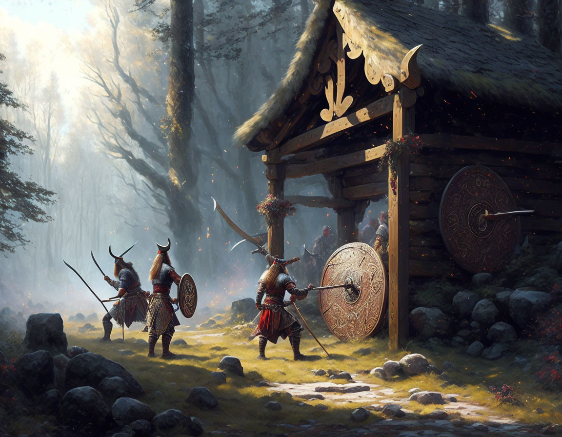 Medieval warriors in armor at rustic forest cabin with sunlight.