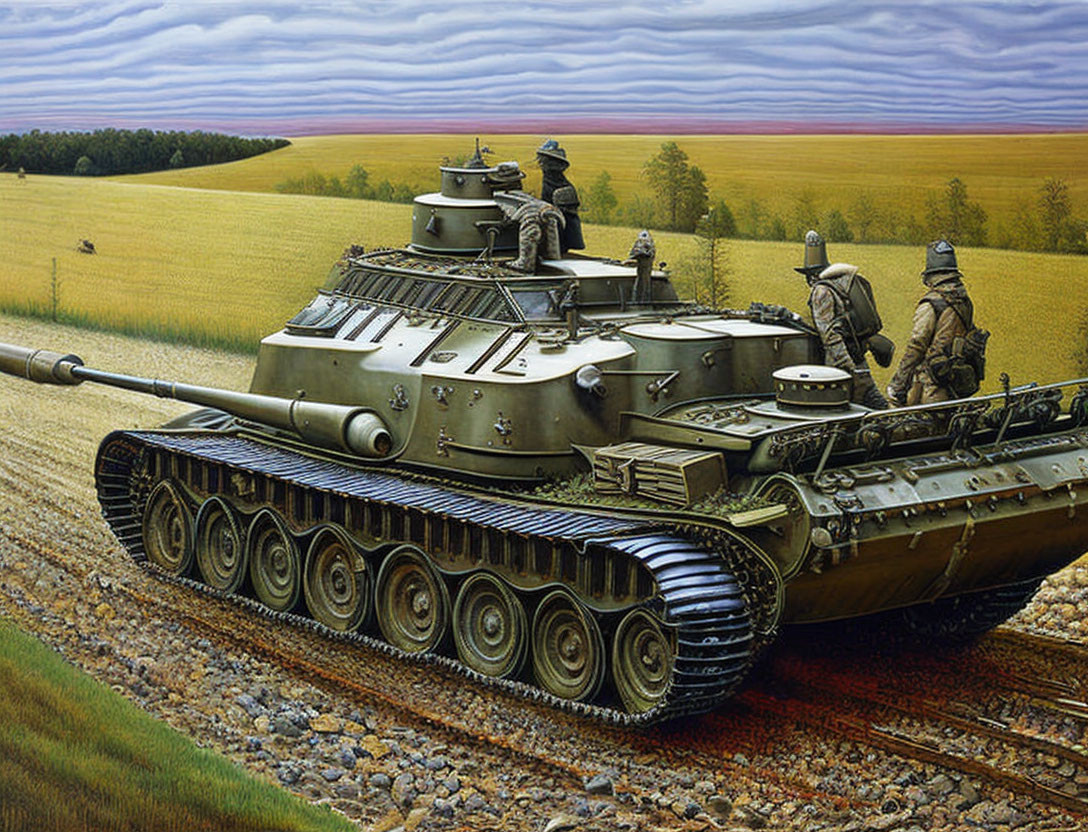 WWII-era tank with soldiers in rural landscape