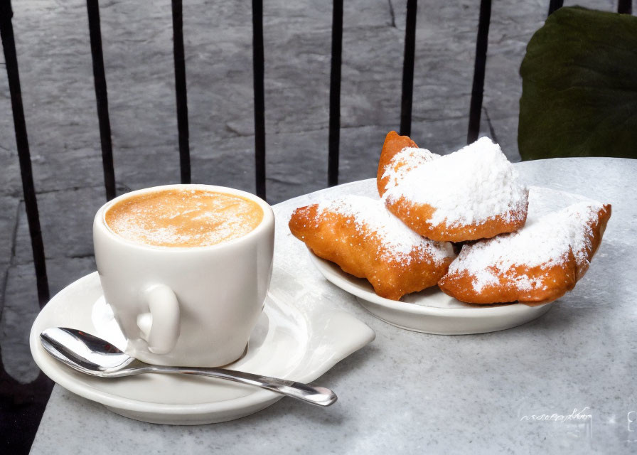 Cappuccino and Beignets on Outdoor Cafe Table