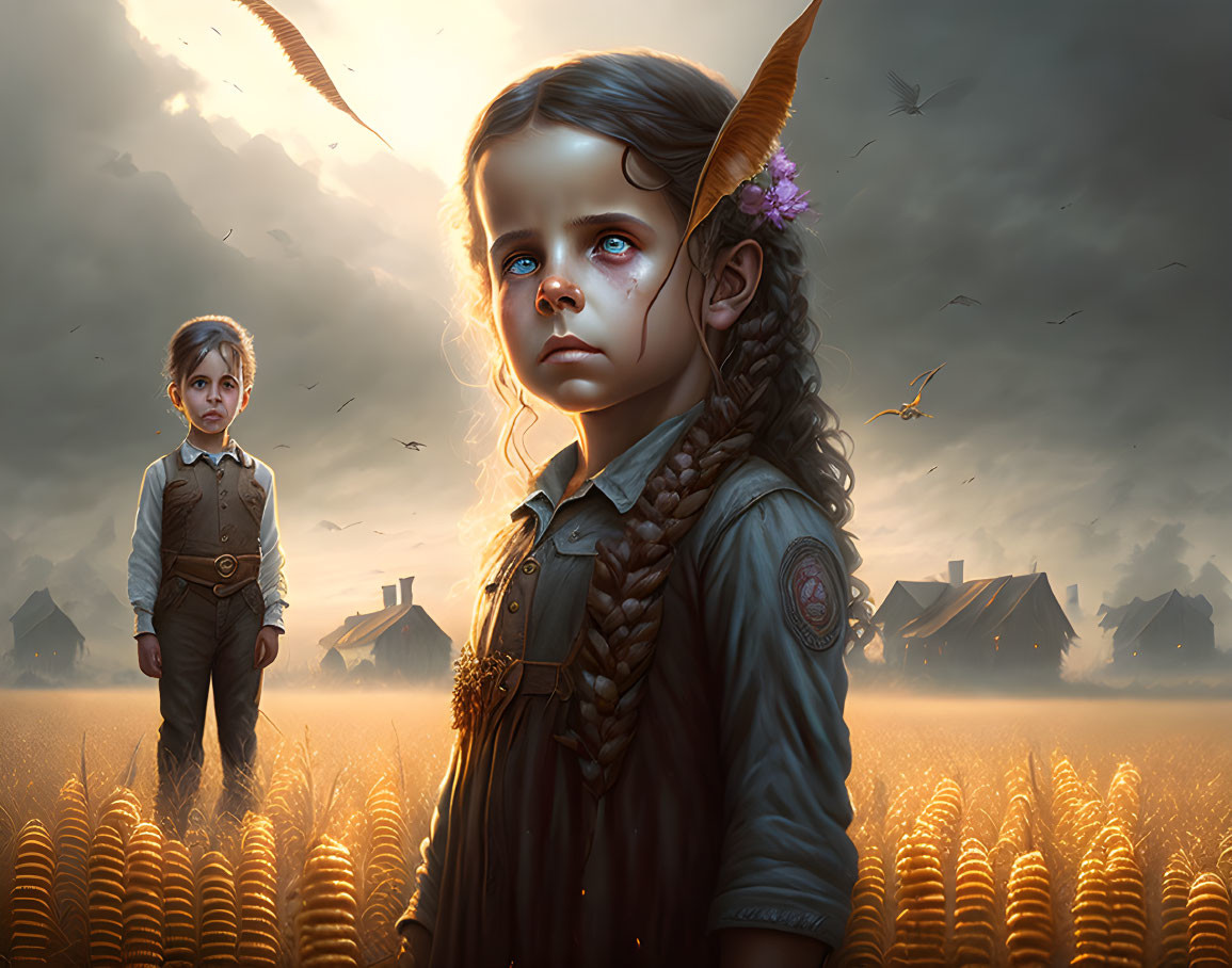 Digital Artwork: Close-Up of Solemn Girl with Teardrop Markings & Boy in Field