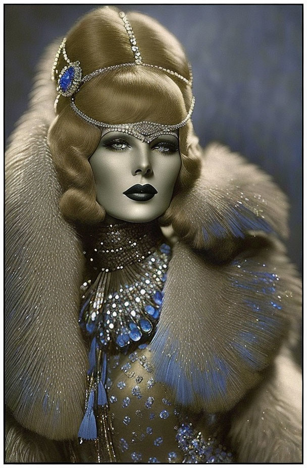 Vintage-style portrait of a woman in fur coat, beaded headpiece, and jewels in monochrome