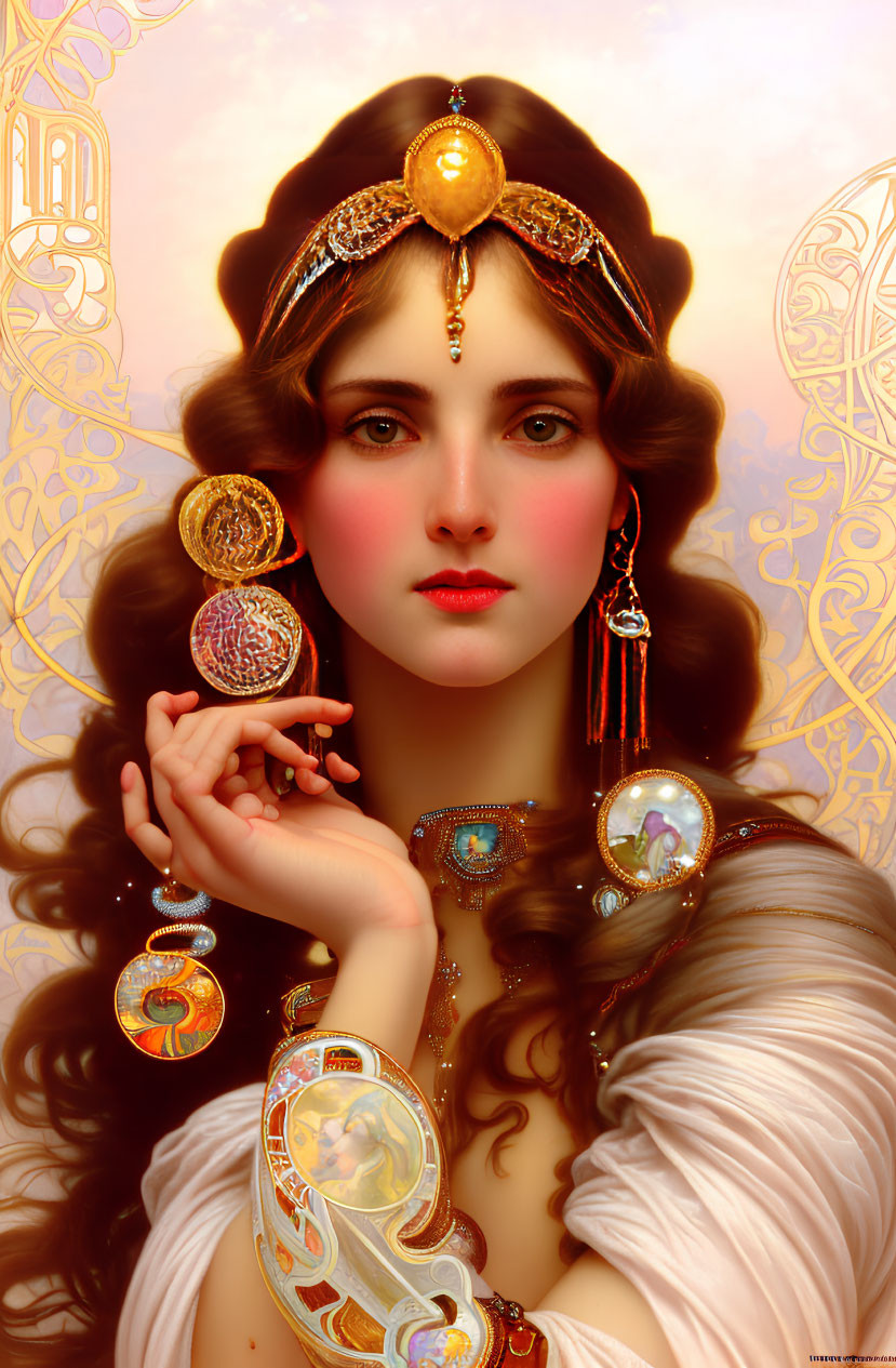 Portrait of Woman in White Dress with Golden Jewelry and Decorative Headpiece