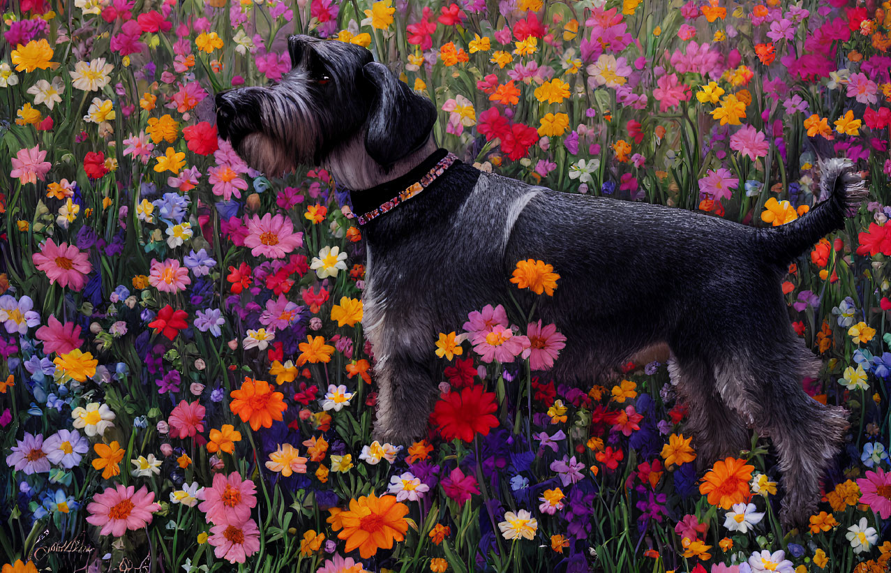 Schnauzer dog in colorful flower field blending with surroundings