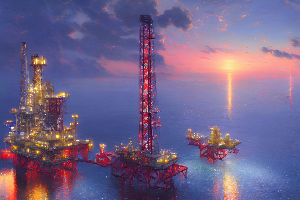 Vibrant sunset illuminates offshore oil rigs at dusk