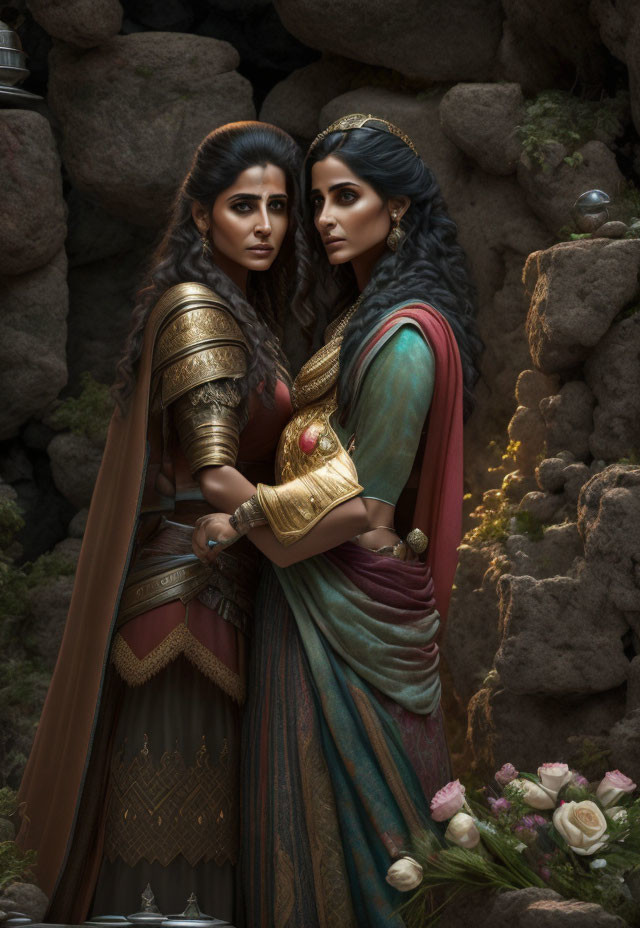 Traditional Indian Attire and Jewelry on Two Women in Regal Pose