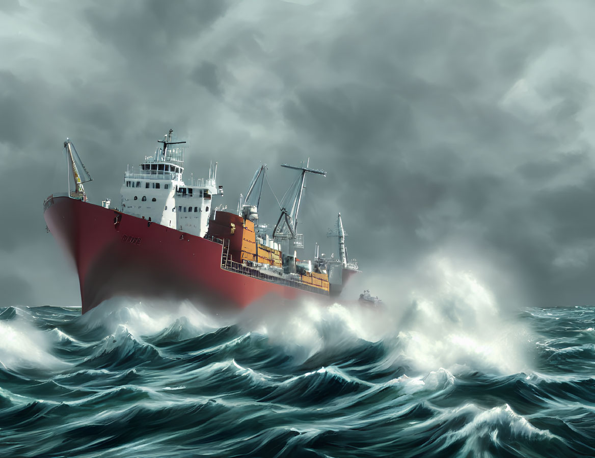 Large Red Ship Battles Turbulent Ocean Waves under Stormy Sky