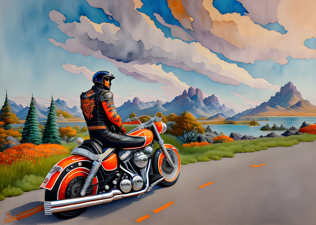 Person in black helmet and jacket on motorbike in mountainous landscape