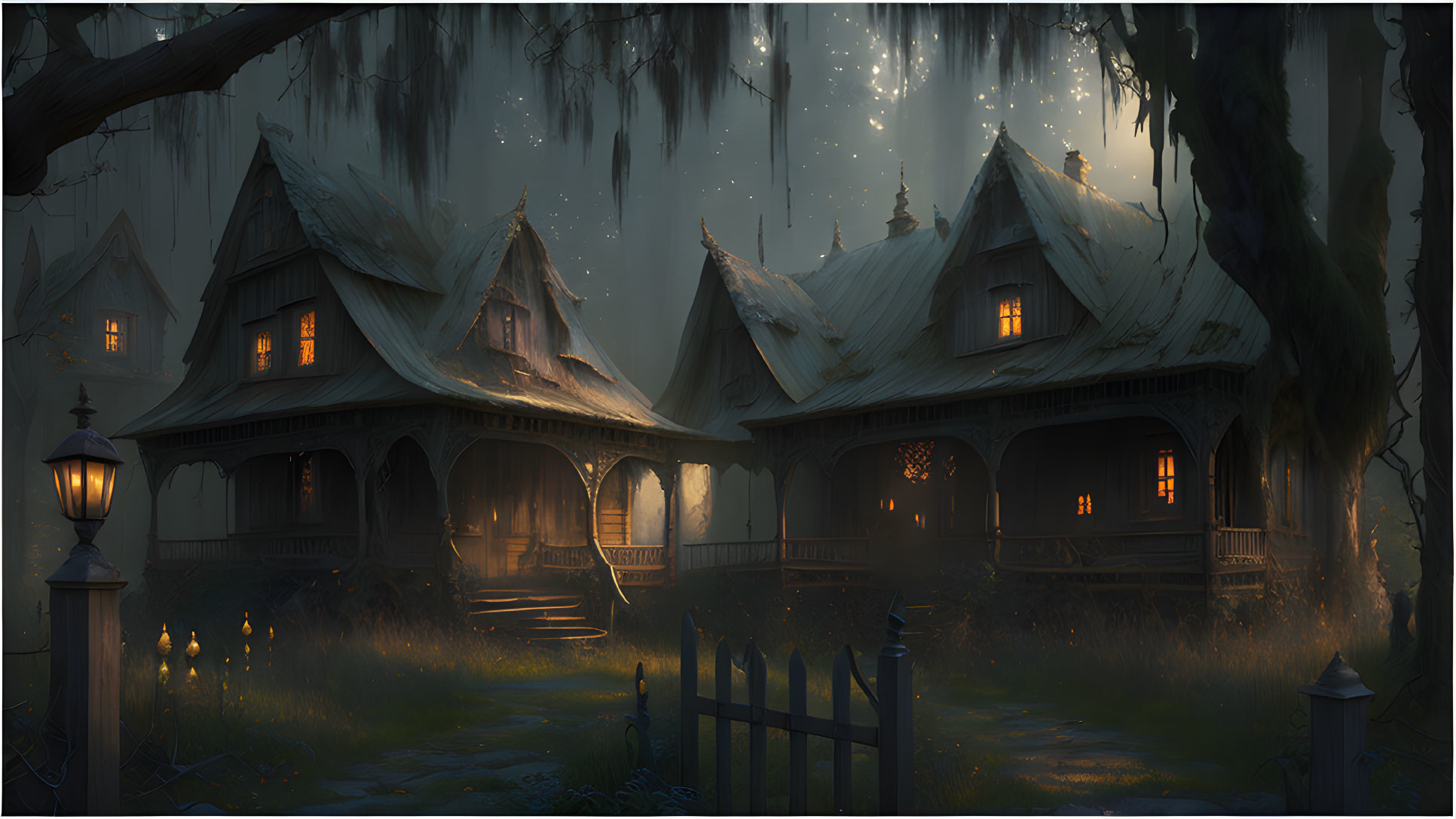 Mystical village at twilight with glowing windows, fireflies, and ancient trees