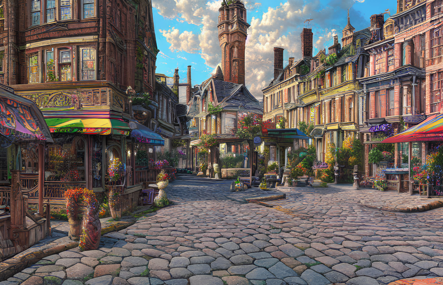 Colorful cobblestone street with vibrant buildings and lush greenery.