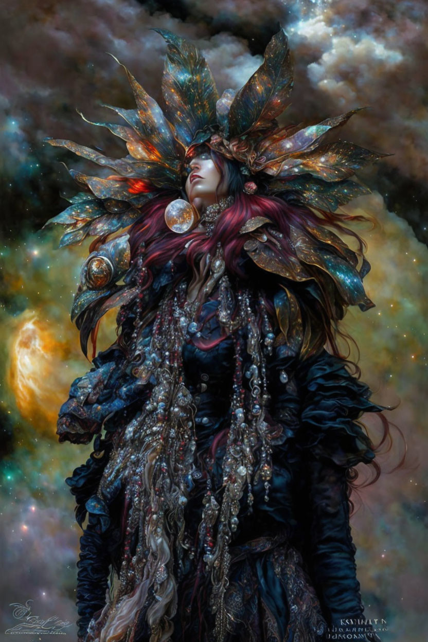 Fantasy Artwork: Female Figure in Celestial Headdress & Cosmic Setting