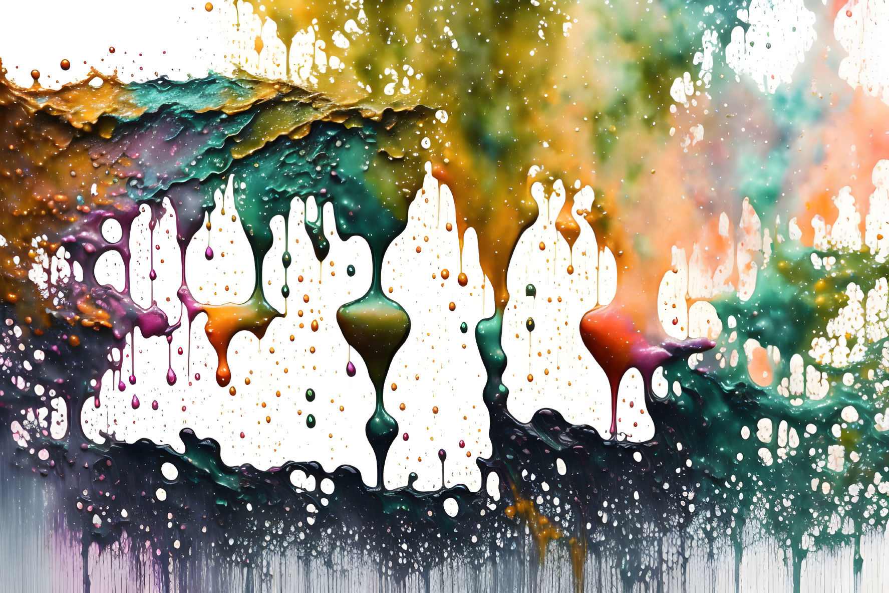 Vibrant abstract painting with colorful drips and splatter effects