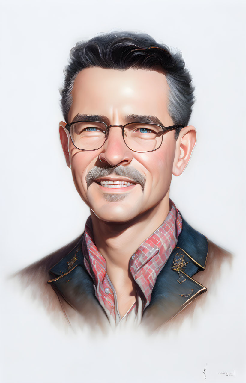 Smiling man with gray hair, mustache, glasses, collared shirt, leather jacket, and