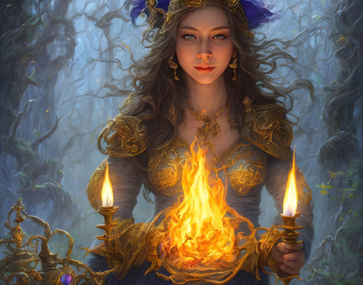 Mystical woman in golden attire conjuring flames in a forest