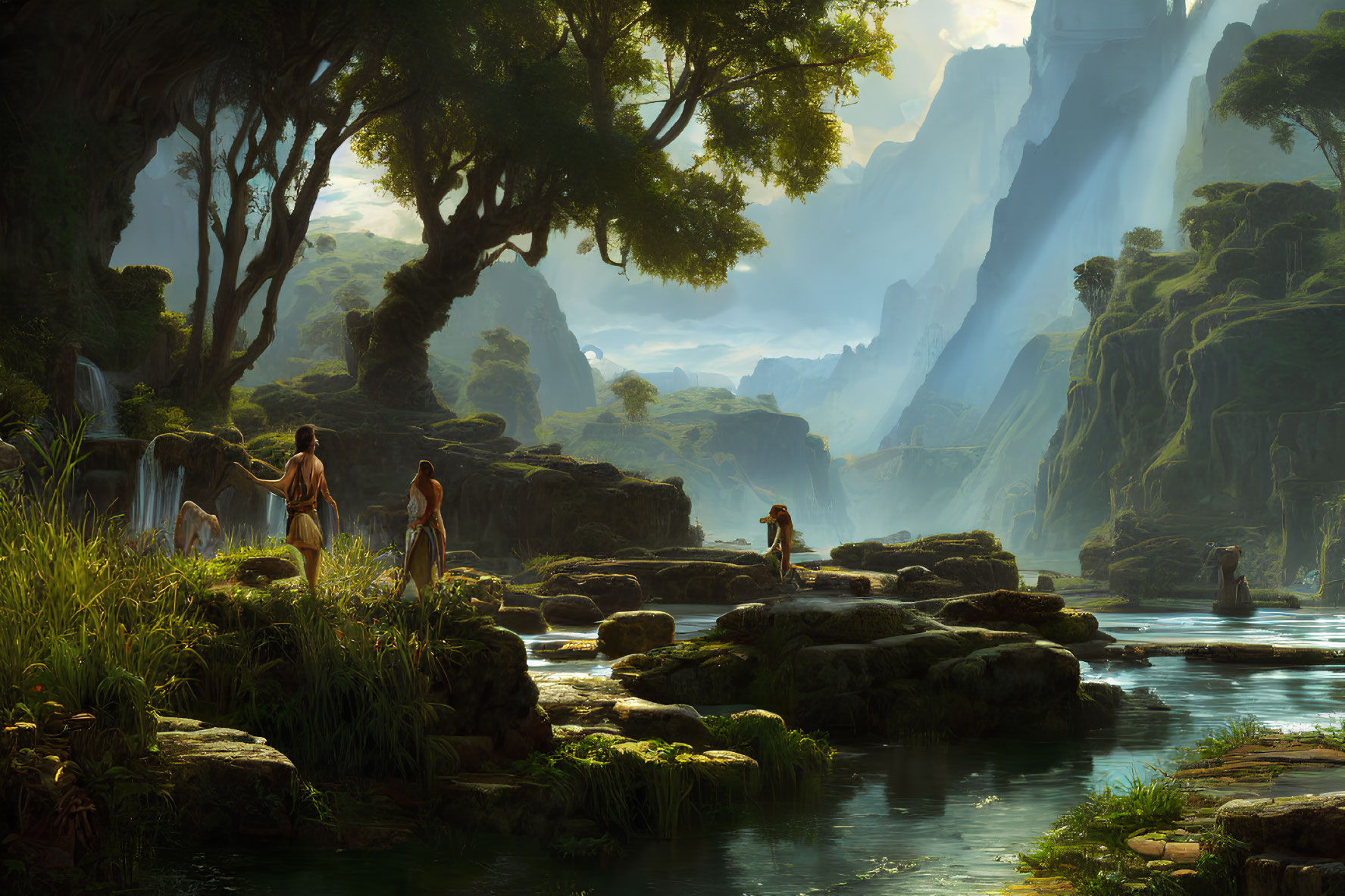 Tranquil fantasy landscape with lush greenery, waterfalls, and explorers