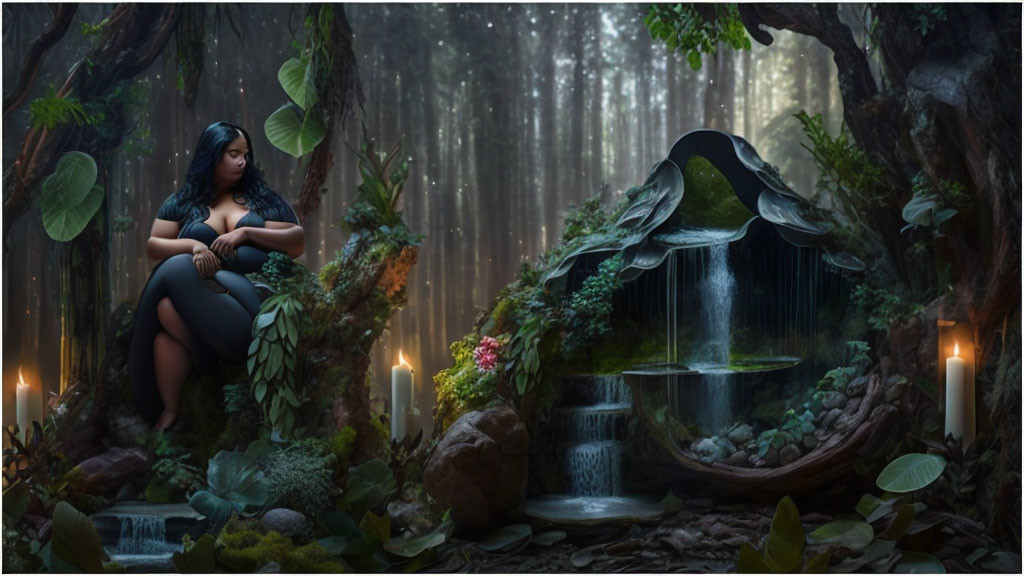 Woman in serene fantasy setting by candle-lit waterfall