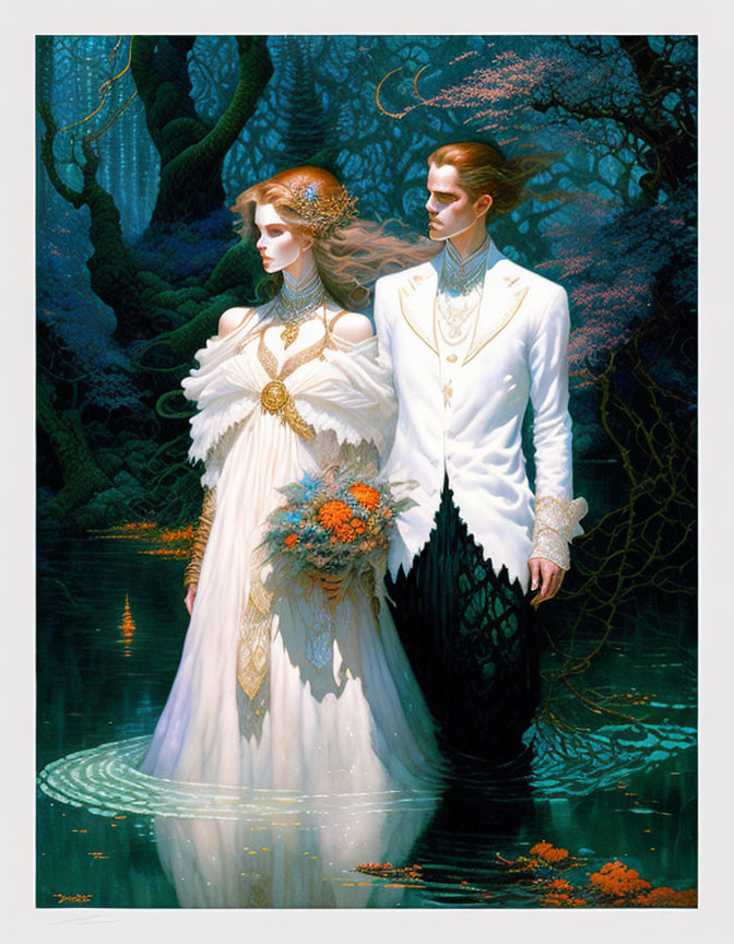 Fantasy couple in elegant attire in colorful forest by pond