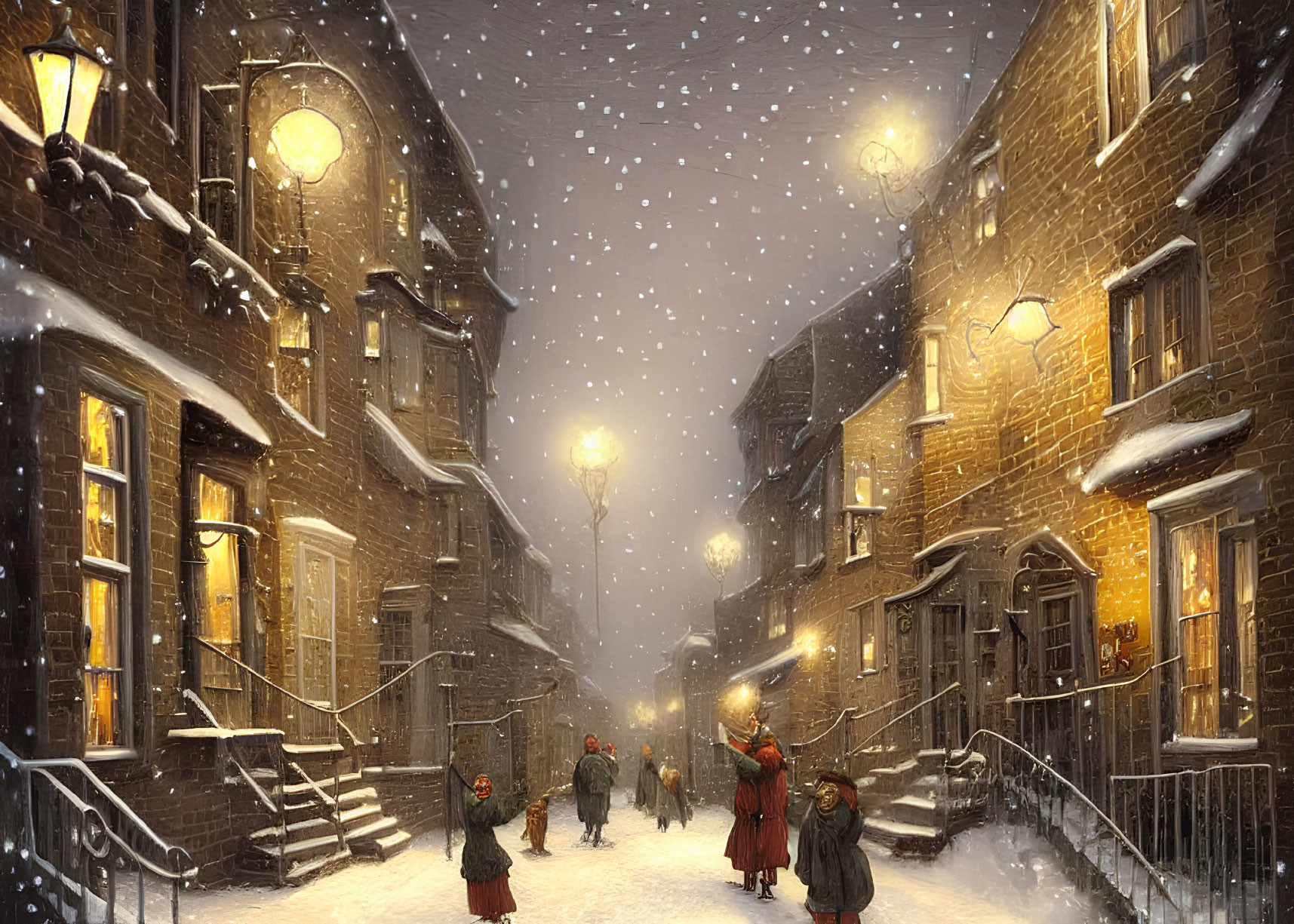 Snow-covered Street at Night with Warm Streetlights and Festive Winter Atmosphere