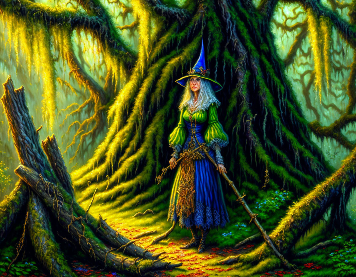 Woman in witch costume in enchanted forest with sunlight through moss-covered trees