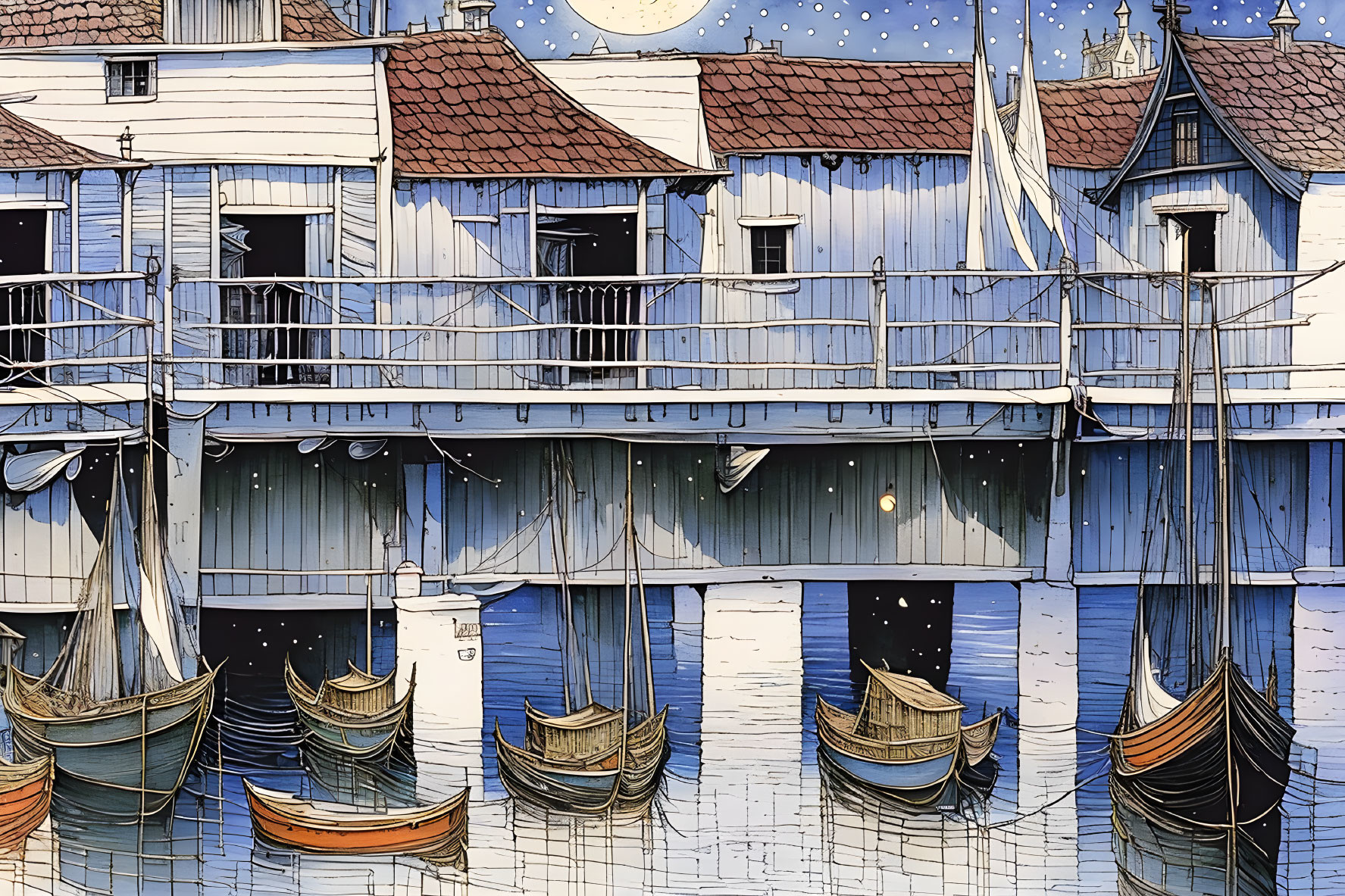 Seaside town illustration: rustic blue and white buildings, wooden boats, starry sky