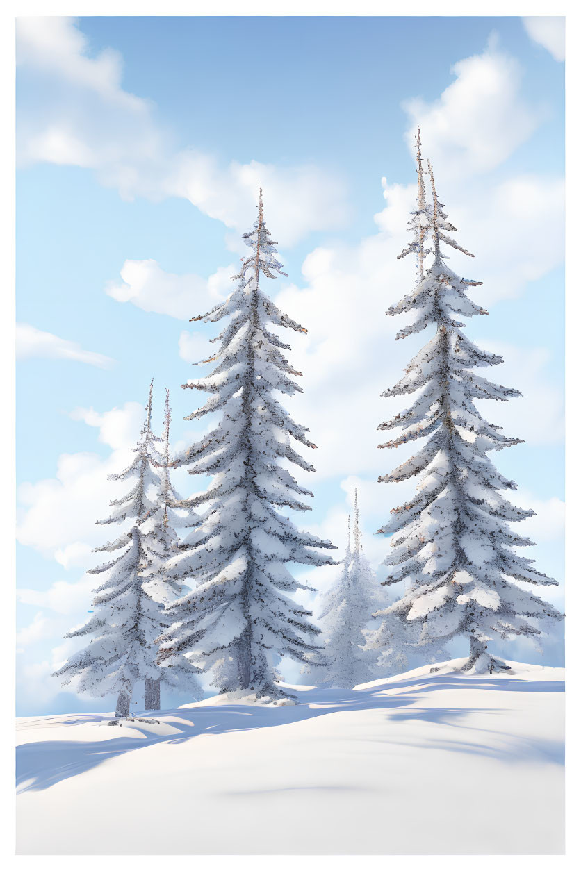 Snow-covered fir trees in serene winter scene under clear blue sky