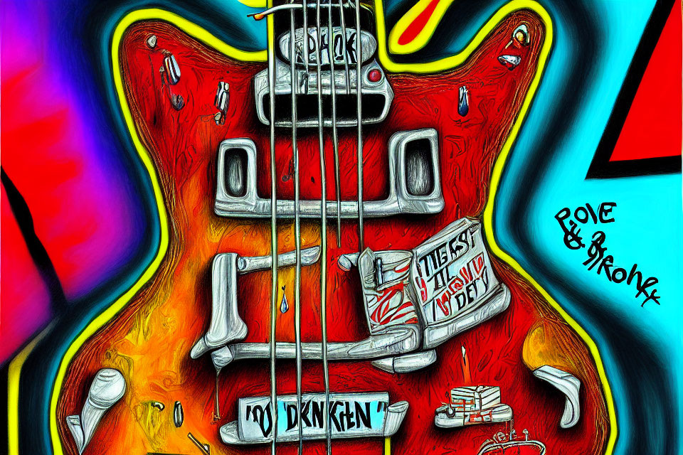 Vibrant electric bass guitar artwork with graffiti and stickers on abstract background