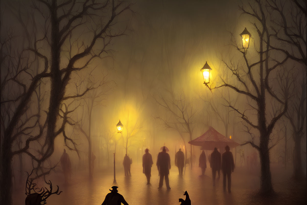 Misty park scene with silhouetted figures, vintage street lamps, bare trees, and a