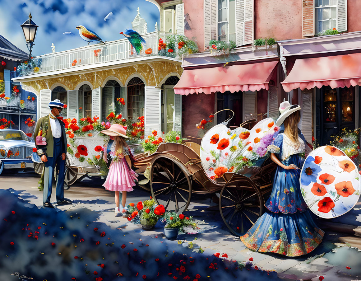 Vintage street scene with women, man, horse-drawn cart, flowers, and bird.