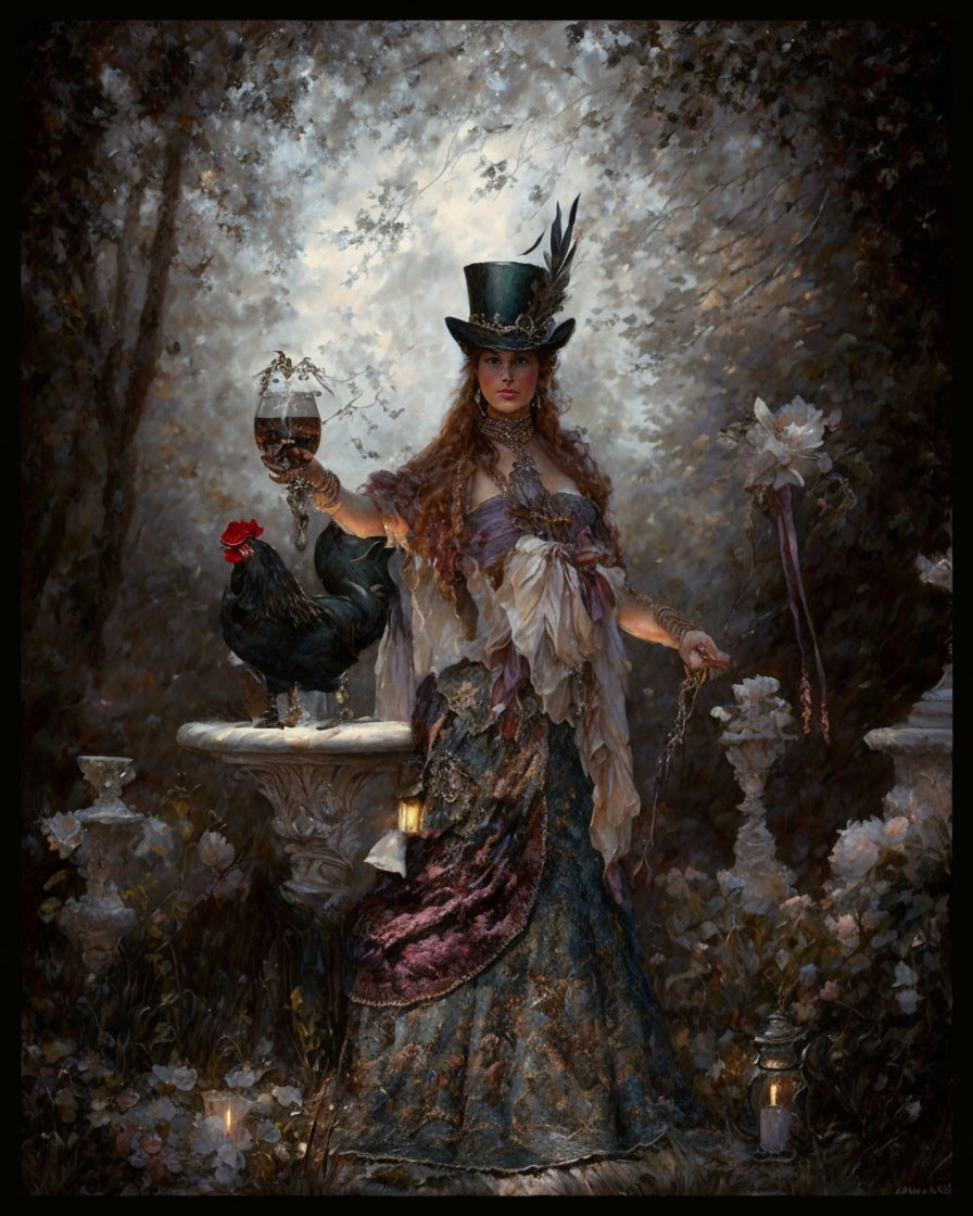 Woman in vintage dress with top hat and rooster in mystical garden setting